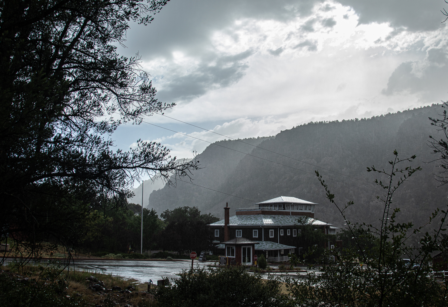 The Tonto Bridge Visitor Center suring a late-summer thunderstorm.